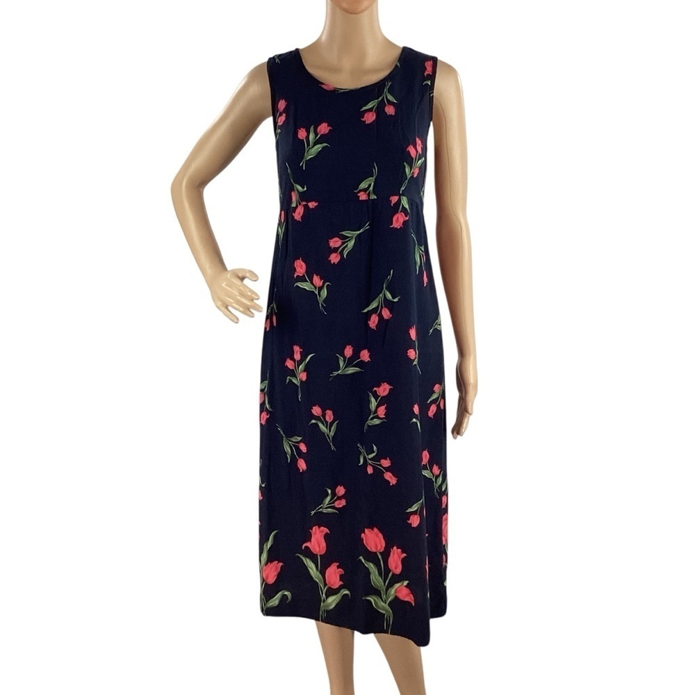 Vintage Molly Malloy Navy Tulip Print Midi Dress Sleeveless Rayon Size 4P